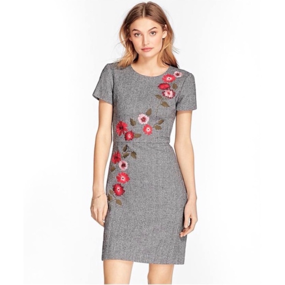 Brooks Brothers Felted Floral Embroidered Tweed Herringbone Sheath Dress Size 4